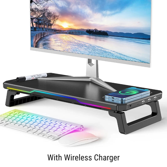 RGB Light Desk Stand with USB Ports & Wireless Charging – Universal Monitor Riser
