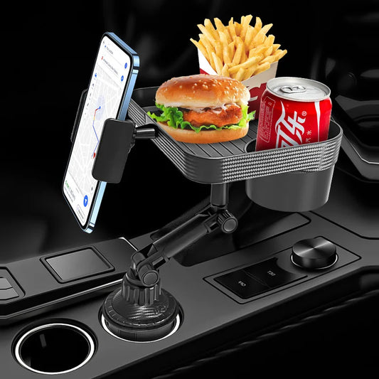 360° Car Cup Holder Tray with Phone Slot & Food Organizer