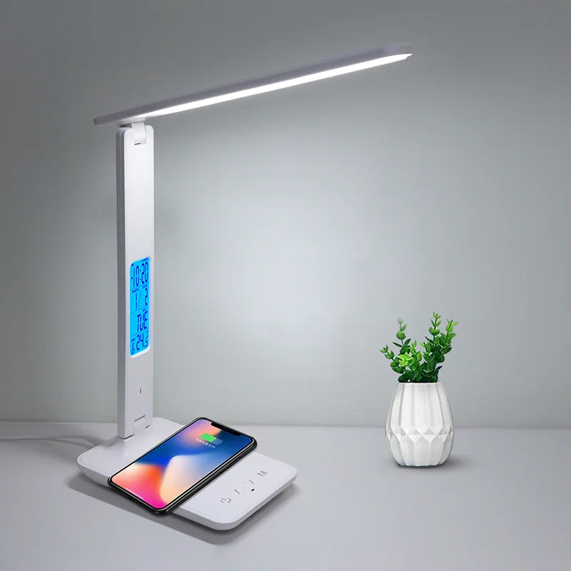 LED Desk Lamp with Wireless Phone Charger, USB Port, and Digital Alarm Clock