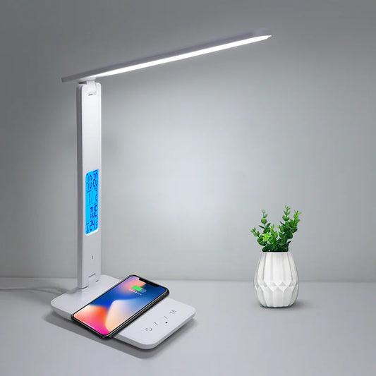 LED Desk Lamp with Wireless Phone Charger, USB Port, and Digital Alarm Clock