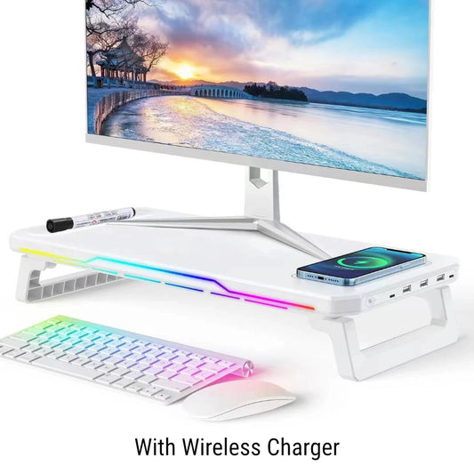 RGB Light Desk Stand with USB Ports & Wireless Charging – Universal Monitor Riser